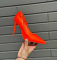 Туфли женские лаковые классические лодочки на шпильке оранжевые экокожа