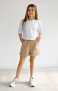 Шорти карго для дівчинки з накладними кишенями (134-158см) | Котон колір пісочний