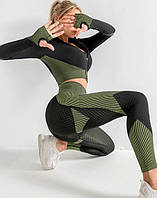 Фитнес костюм спортивный тройка для йоги 3-в-1 фітнес Черный/зеленый Size M (факт.S)