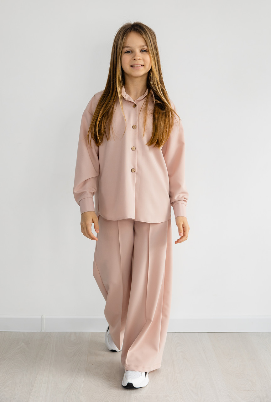 Класичний костюм для дівчинки брюки палаццо та сорочка (134-158см) | Костюмна тканина | Колір пудра