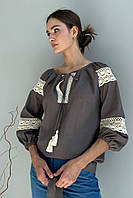Блуза вышиванка Женская льняная нарядная с кружевом мокко 3537-01