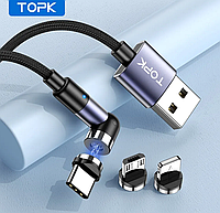 Магнитный зарядный кабель 3 в 1 с USB на Type C + Micro USB + Lightning черный TOPK 2 м