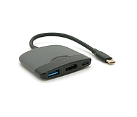 Хаб Type-C(папа) пластиковый, HDMI(мама)+USB3.0(мама)+PD(мама), 23cm