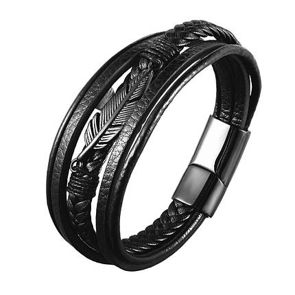 Браслет шкіряний Zig Jewelry Перо чорний довжина 21 см, фото 1