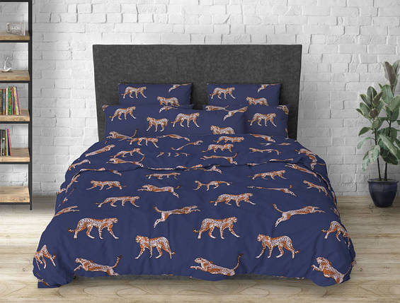 Тканина синтетична 220 см для постільної білизни Полісатин 135 колір синій з принтом дикі тварини, рулон 60 м, фото 1