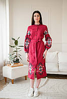 Бордова сукня вишиванка FOLK вишивкою на ґудзиках з поясом арт. 4646