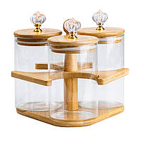 Банки для сыпучих продуктов набор из 3 шт стеклянные на деревянной подставке