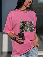 Женская трендовая футболка с принтом леопард и надпись "Don't Touch My Soul" красная, белая, розовая, чёрная Розовый