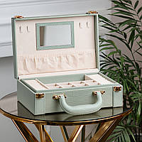 Шкатулка органайзер для украшений бижутерии прямоугольная 27 х 18.5 х 9 с зеркальцем чемодан экокожа Оливковая
