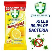 Влажные салфетки универсальные для уборки с антибактериальным эффеком Green Shield Household (70 штук)