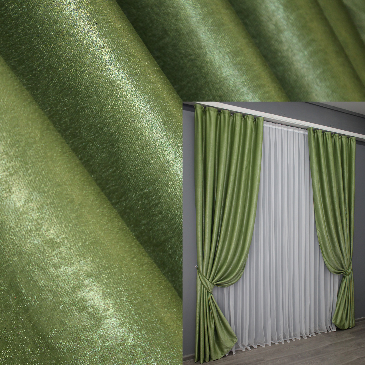 Комплект штор (2шт. 1,5х2,7м.) льон-софт, колекція "Парма". Колір світло-оливковий. Код 1377ш 33-0242, фото 1