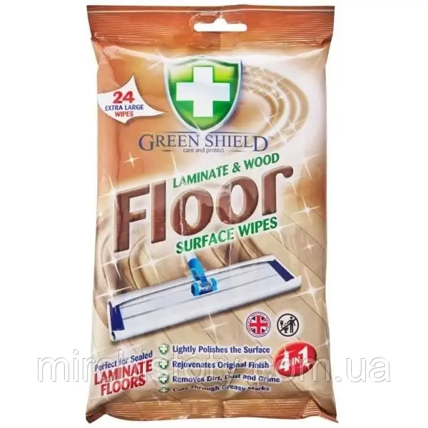 Вологі серветки для прибирання ламінату та дерев'яної підлоги Green Shield Floor Laminate&Wood (24 штуки)