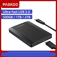 Портативний зовнішній жорсткий диск 500 ГБ PASKOO HDD USB3.0 для ПК / MacOS / PS4 / XBox / Пристрої USB Type-C