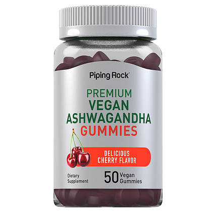 (уцінка термін по 6.25) Екстракт кореня ашвагандха Piping Rock Vegan Ashwagandha KSM-66 50 жув. (25 порц.) вишня, фото 1