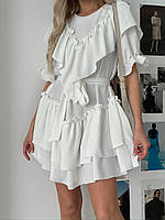 Женское нарядное легкое коттоновое платье мини с необычным дизайном (молоко пудра) размер 42-44 46-48 46/48, Молочный