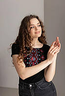 Вышиванка женская футболка с вышивкой с коротким рукавом черная красная стильная женская украинская вышиванка