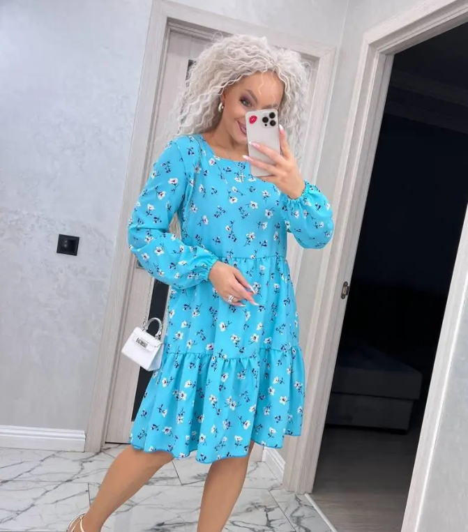 Коктейльна сукня жіноча бебі дол в квіточку бірюзова легка сукня з довгим рукавом вільна сукня до коліна, фото 1