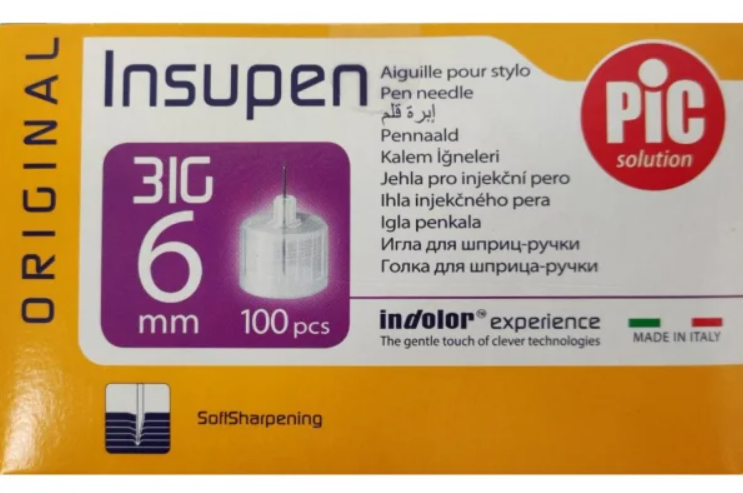 Голки Insupen 6 мм 31G-0.25 мм для інсулінових шприц-ручок, 100 шт
