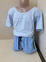 Спортивные подростковые хлопковые шорты для девочки голубые рост 116 - 164