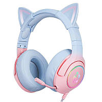 Игровые наушники Onikuma K9 с микрофоном и LED RGB подсветкой кошачьи ушки проводные Blue + Pink 3.5