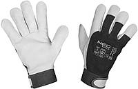 Перчатки рабочие Neo Tools, козья кожа, фиксация запястья, р.10, черно-белый