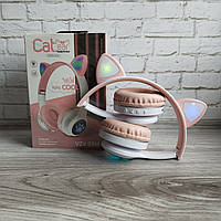 Беспроводные детские Bluetooth наушники Cat Ear VZV-23M с кошачьими ушками и цветной подсветкой Розовые