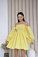 Короткое льняное платье с открытыми плечами желтого цвета (XS/S, S/M, M/L)