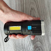 Светодиодный перезаряжаемый фонарик XPE + COB аккумуляторный фонарик зарядка Юсб Фонарь аварийный Led 4 режима