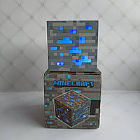 Ночник Майнкрафт USB Куб блок LED My World Minecraft 7,5 см аккумуляторный СИНИЙ Реагирует на звук!!!