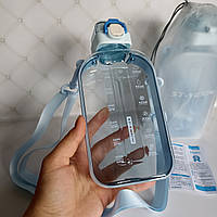 Плоская, квадратная, многоразовая бутылка для воды 750 мл c ремешком. Для спорта и отдыха ГОЛУБАЯ