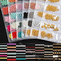 Набор металлических цепочек разных цветов для дизайна и декора ногтей - 411
