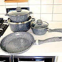 Набор кастрюль сотейник и сковорода с мраморным антипригарным покрытием крышками на 7 предметов Серый
