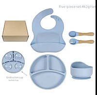 Набор Y20 силиконовая тарелка, слюнявчик, круглая тарелка для первых блюд, ложка, вилка