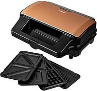 Мультимейкер Sencor, 900Вт, комплект-4 пластины, алюминий, корпус-нержав.сталь, пластик, черно-золотой