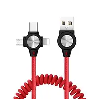 Зарядный кабель 3в1 нейлоновый USB Lightning, Micro USB, Type C красного цвета 1 м