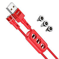 Кабель зарядный магнитный 3 в 1 Hoco U98 USB Lightning, Micro USB, Type C со сменными насадками красного