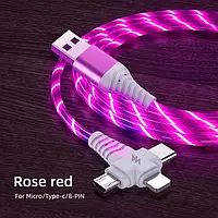 Кабель зарядный 3 в 1 Type-c Micro USB Lightning 1 м с подсветкой розового цвета