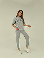 Женский молодежный весенне-летний спортивный костюм, футболка оверсайз и брюки с карманами