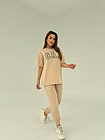 Женский молодежный весенне-летний спортивный костюм, футболка оверсайз и брюки с карманами