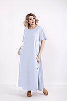 Голубое асимметричное платье летнее свободное большого размера с голубой вставкой в горох 42-74. 01524-7