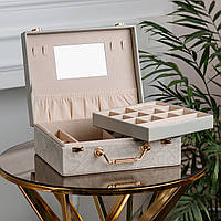 LOP Шкатулка органайзер для украшений бижутерии прямоугольная с зеркальцем чемодан из экокожи Серая
