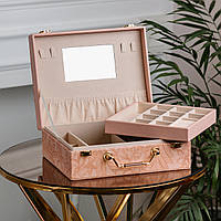 Скринька органайзер для прикрас біжутерії прямокутна з дзеркальцем валіза з екошкіри Рожева