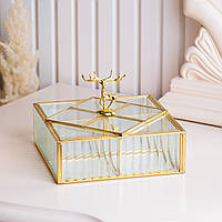 LOP Шкатулка для украшений Золотой олень прямоугольная стекло с металлическим каркасом 18х18,5 см