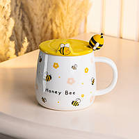 LOP Чашка с крышкой и ложкой 450 мл керамическая "Пчелка" с желтой точечкой