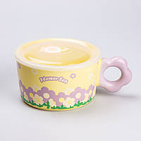 LOP Чашка бульонница керамическая 750 мл с пластиковой крышкой "Цветок" Желтая супница миска для лапши