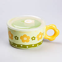LOP Чашка бульонница керамическая 750 мл с пластиковой крышкой "Цветок" Зеленая супница миска для лапши