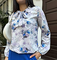 Стильная женская белая блуза в голубой цветочек с воротником на завязках нарядная блузка з длинным рукавами