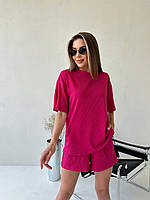 Женский летний костюм шорты футболка: бежевый, белый, голубой, малиновый, зеленый, оливка, синий малиновый, 42/44