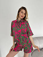 Костюм легкий летний женский из натуральной ткани штапель рубашка с шортами с растительный принтом