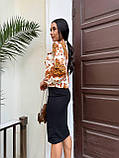 Стильна жіноча блуза золотиста принт леопардовий з коміром на зав'язках блузка з довгим рукавами, фото 5